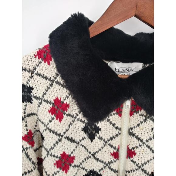 Elana Carello Cream Diamond Print Zip Front Faux Fur Collar Grandma Cardigan Med - Picture 5 of 9